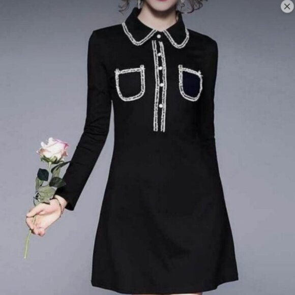 Sonja Morgan Black Collared Long Sleeve Mini Dress Beaded Trim, Size Large NWT - Picture 6 of 15